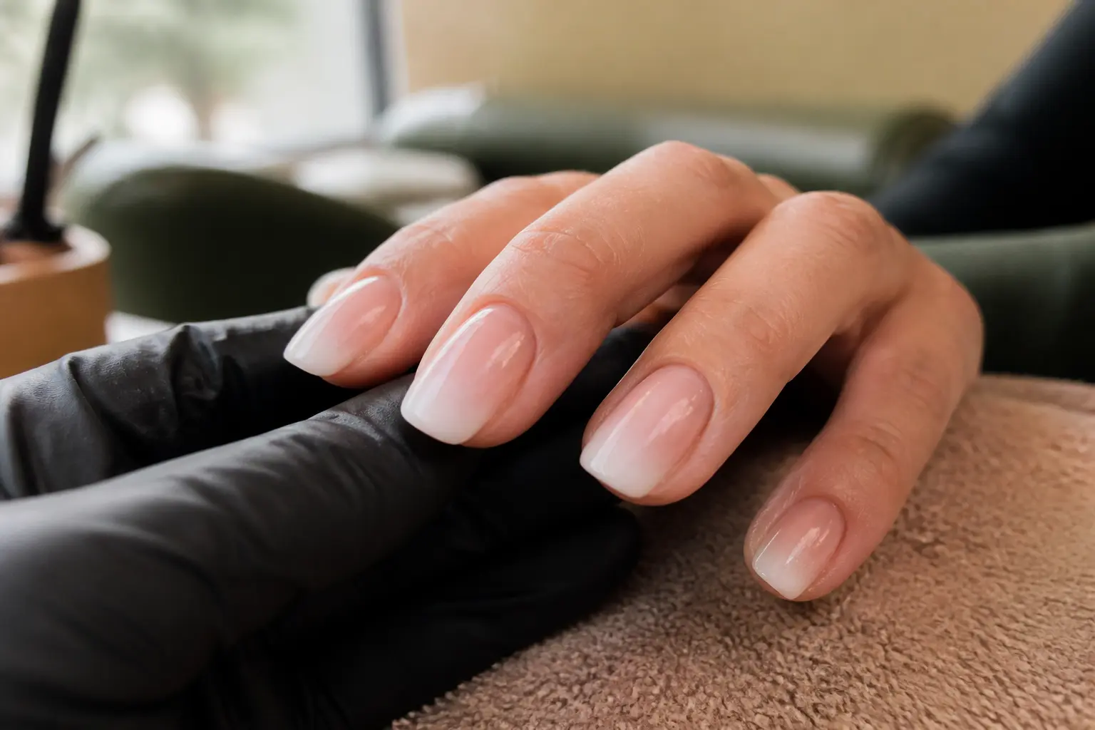 Babyboomer ongles en gros plan : manucure rose nude dégradée vers un bout blanc, main en salon lumineux.