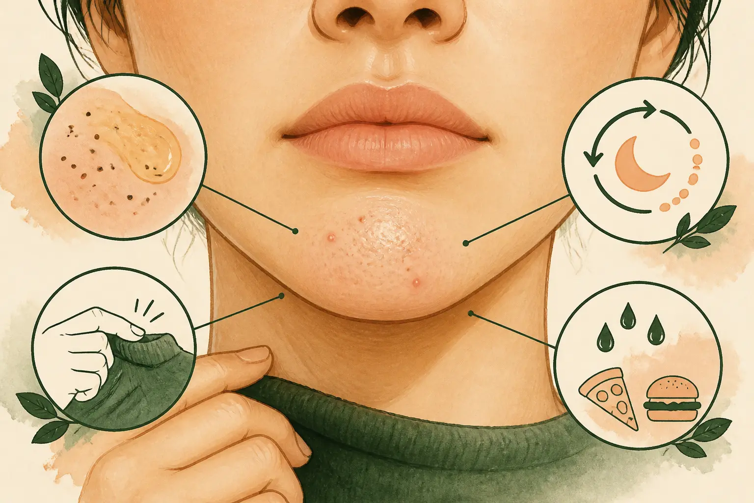 Bouton sur le menton illustré par un schéma du bas du visage avec sébum, hormones, frottements et sueur.