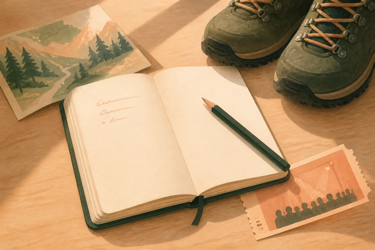 Carnet ouvert pour une bucket list, avec carte, chaussures de randonnée et billet de concert sur table en bois.