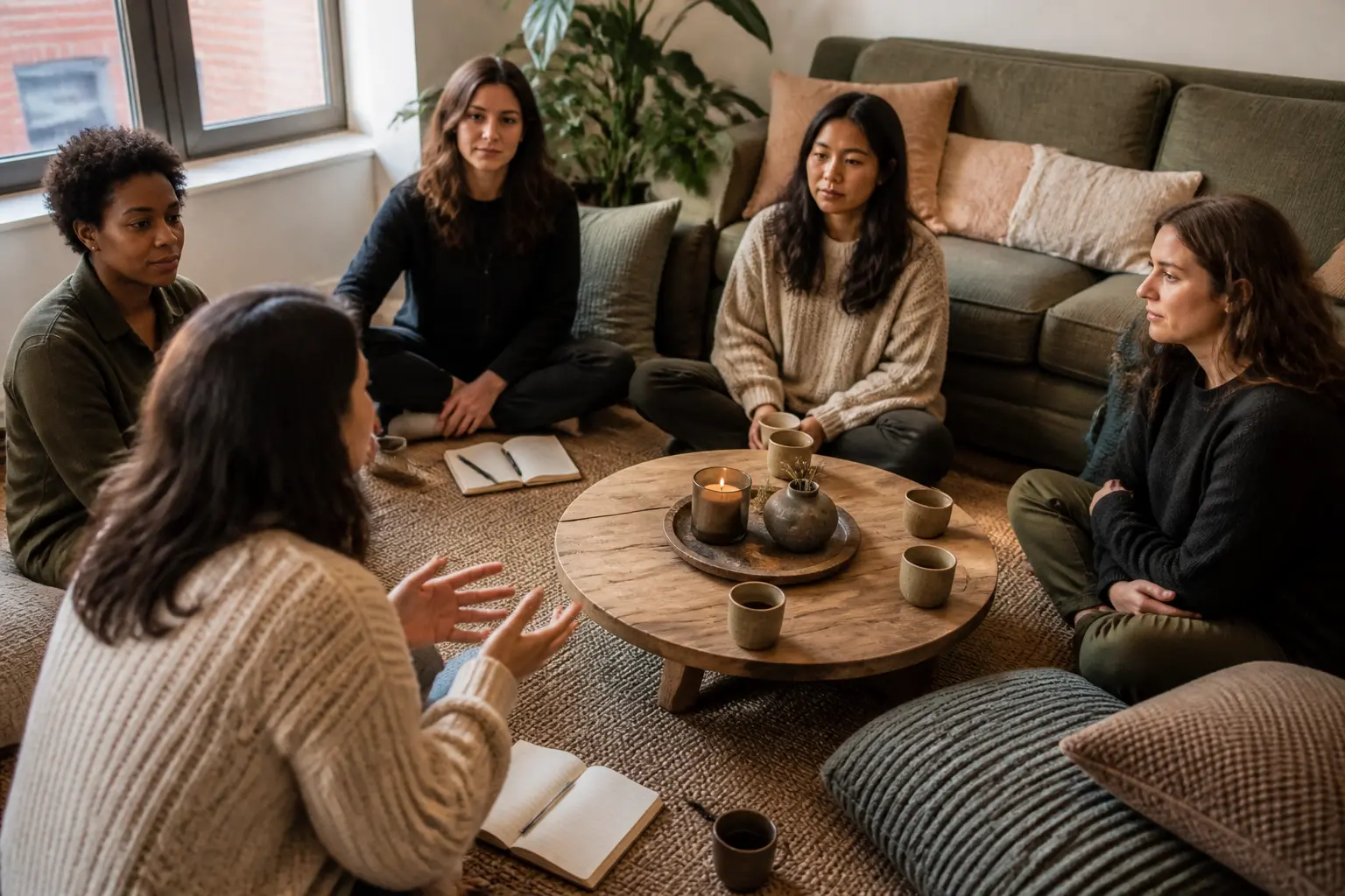 Cercle de femme dans un salon chaleureux, femmes assises en cercle, l’une parle, les autres écoutent.