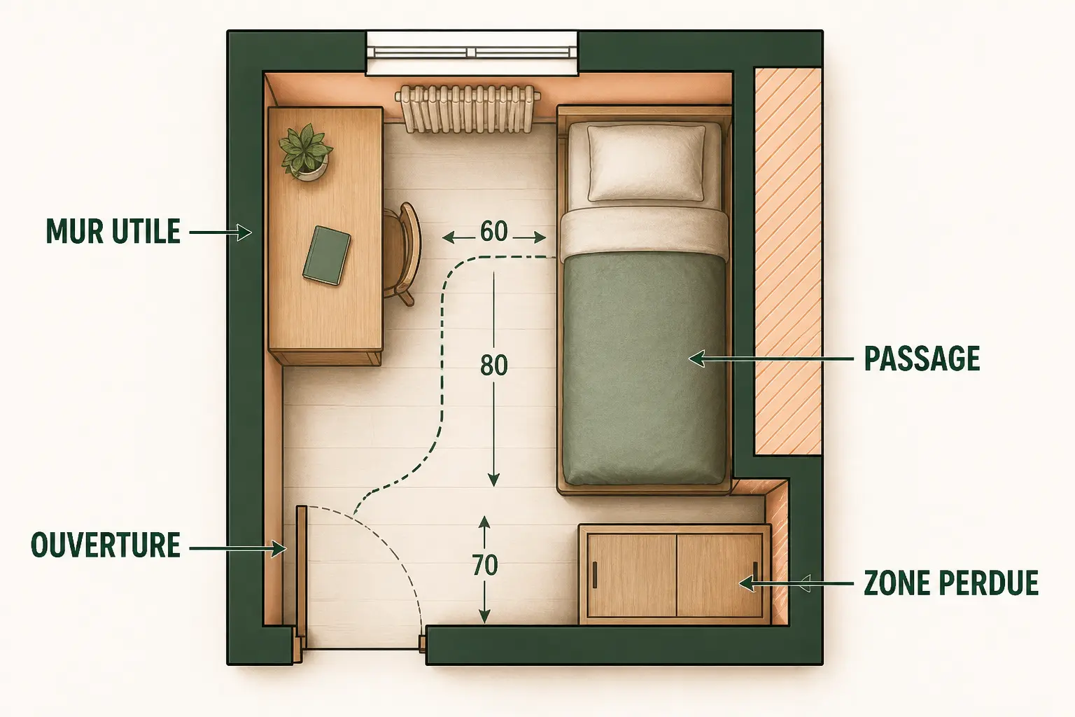 chambre 9m2 plan : vue zénithale d’une chambre avec lit, bureau, armoire, fenêtre, porte et circulation étroite.