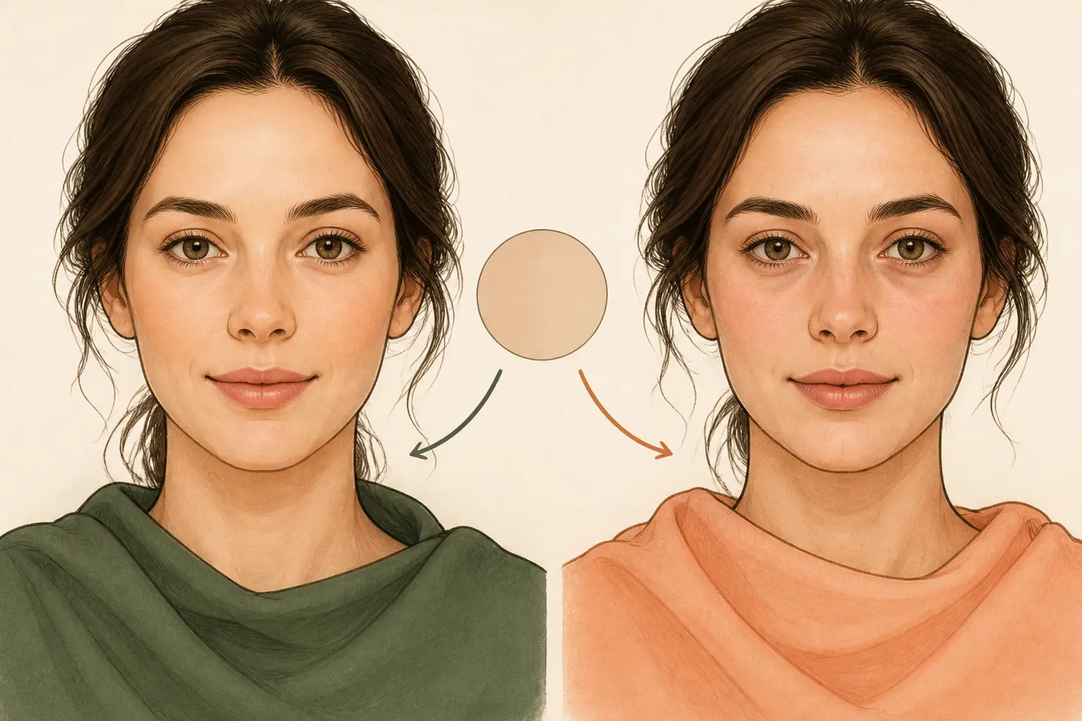 Colorimetrie saisons : comparaison de deux bustes montrant comment un tissu près du visage illumine ou ternit le teint.