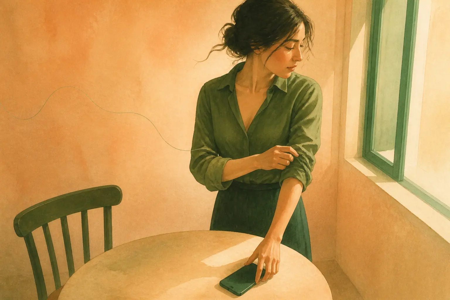 Femme qui pose son téléphone et se détourne d’un fil invisible, illustrant comment faire regretter un homme qui vous ignore sans se rabaisser