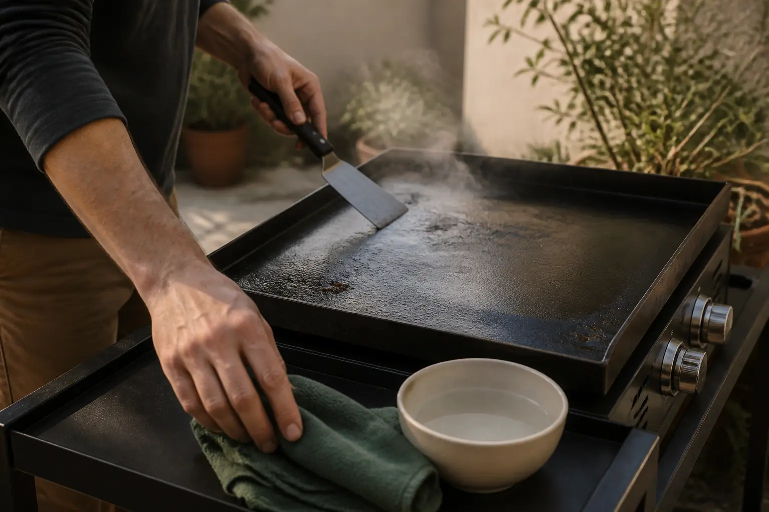 Comment nettoyer une plancha : main avec spatule, chiffon doux et bol d’eau près d’une plancha encore tiède dehors