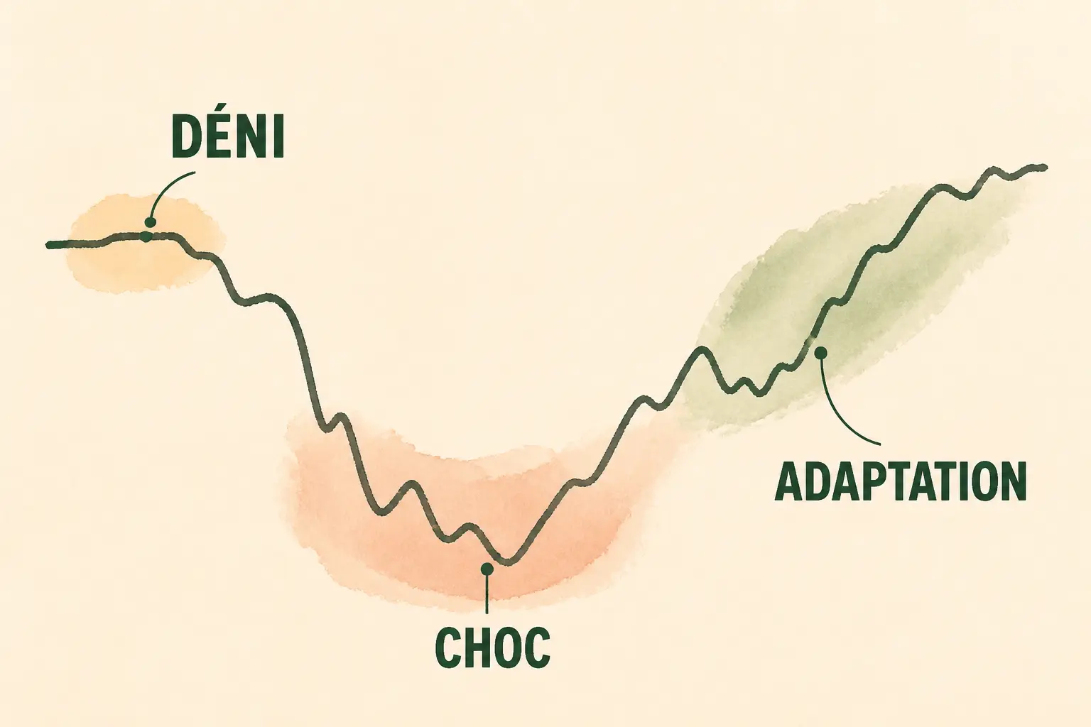 Courbe du deuil en infographie manuscrite, avec déni, choc et adaptation sur fond clair.