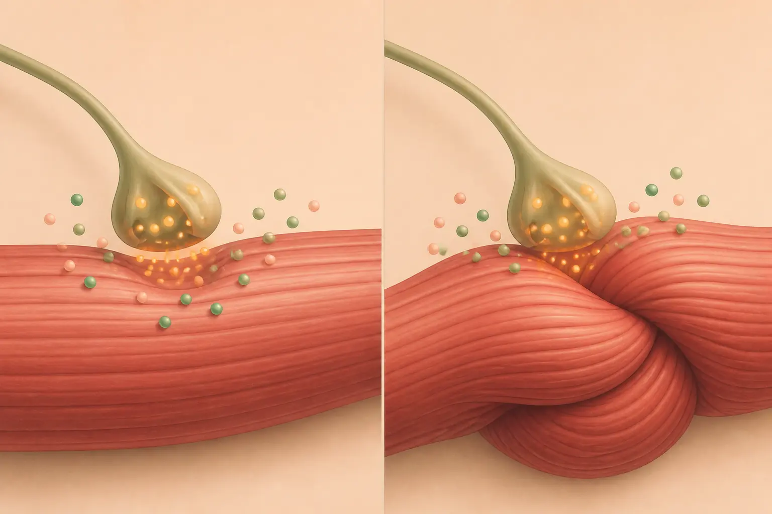 Schéma médical des crampes magnesium : muscle relâché puis contracté, signal nerveux et ions calcium/magnésium.