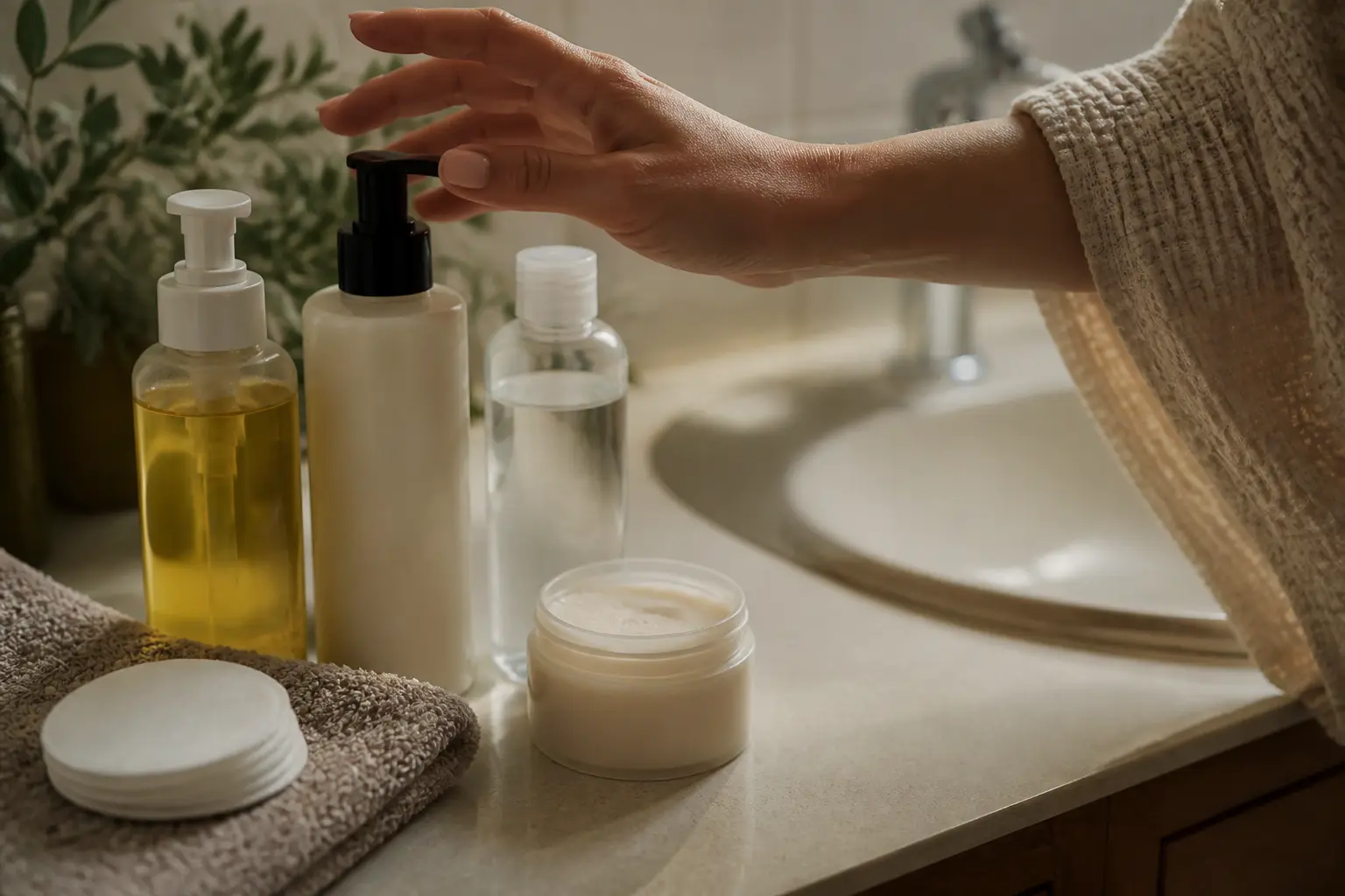 Démaquillage bio : main choisissant entre huile, lait, eau micellaire et baume près d’un lavabo, ambiance douce du soir