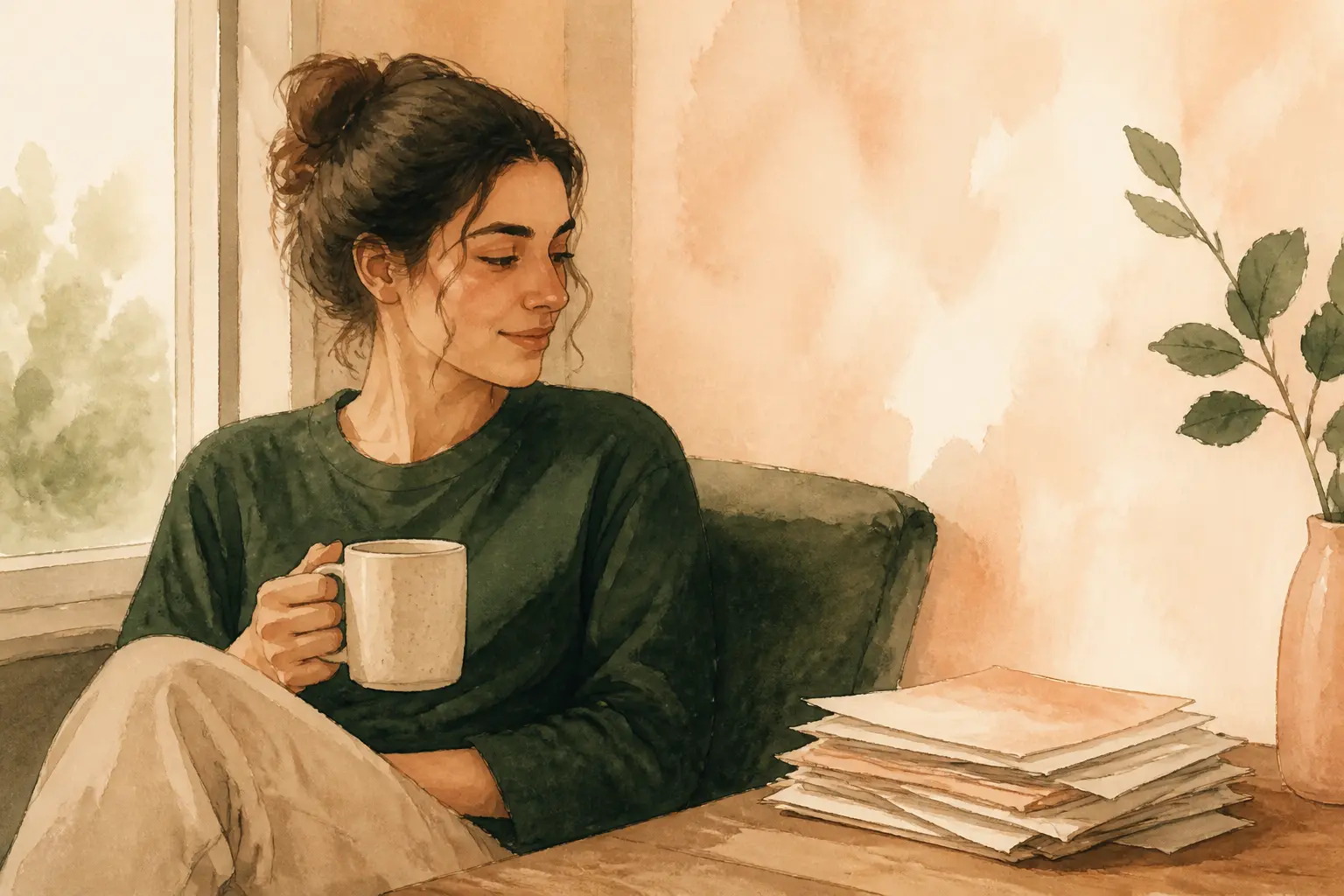 Personne sereine assise près d’une fenêtre, tasse en main, face à une petite pile de tâches du quotidien.