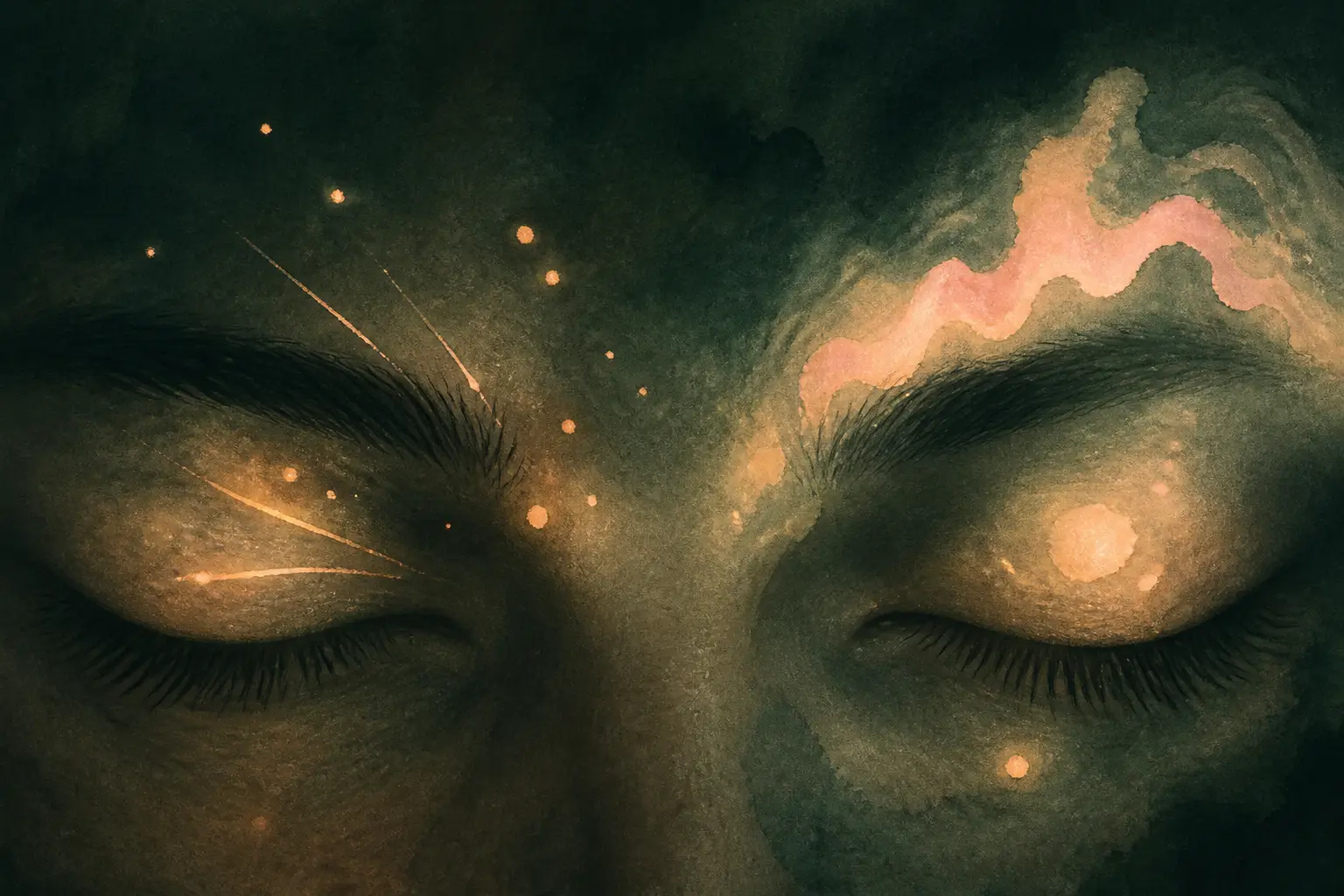 Flash lumineux yeux fermés spiritualité : yeux clos, lueurs diffuses et halos subtils dans l’obscurité, style aquarelle.
