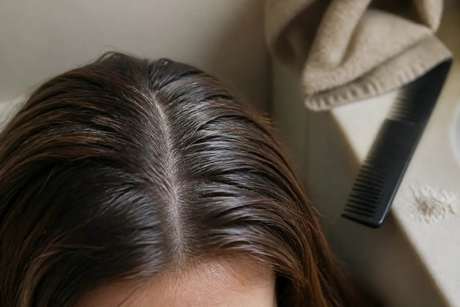Gommage cheveux maison : cuir chevelu alourdi, racines plates et résidus de shampoing sec dans une salle de bain.