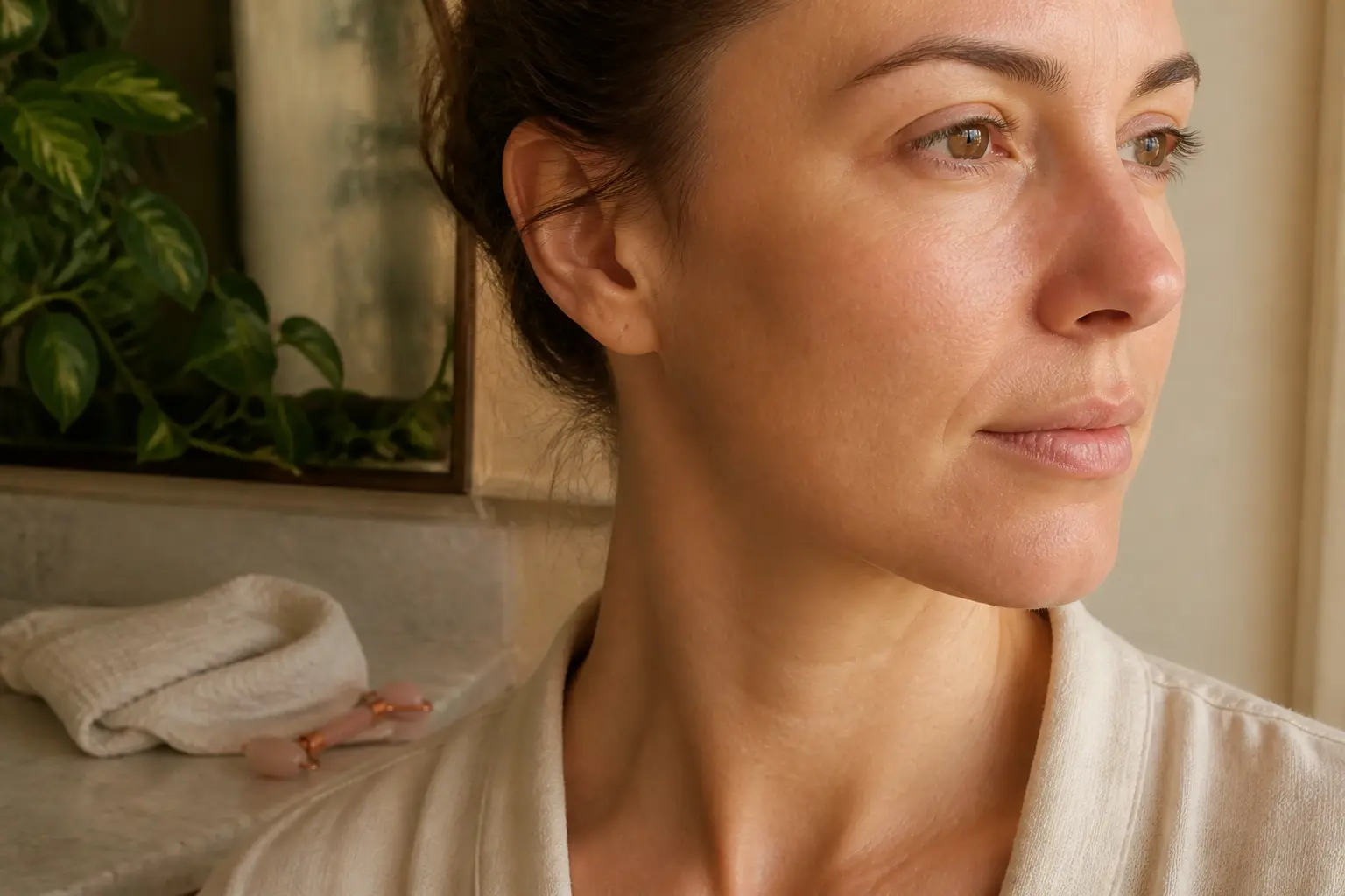 gua sha visage avant après : gros plan d’un visage moins gonflé après massage, dans une salle de bain lumineuse