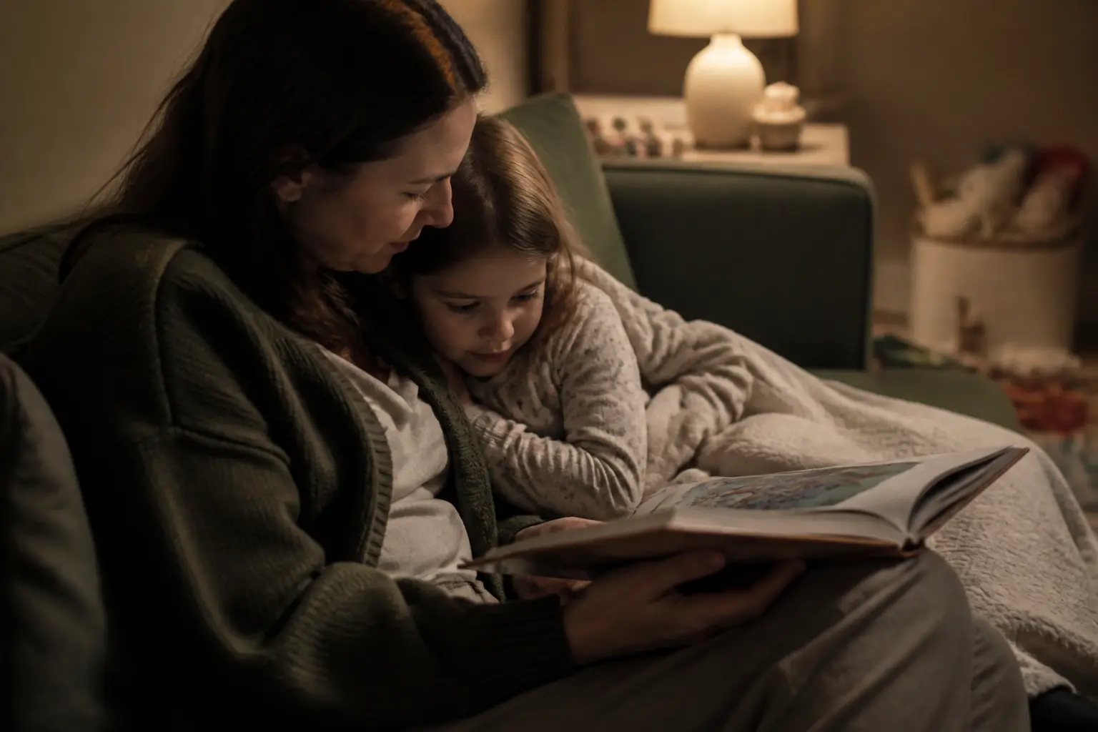Parent et enfant lisant une histoire enfant 5 ans sur le canapé, lumière douce du soir, ambiance cosy.