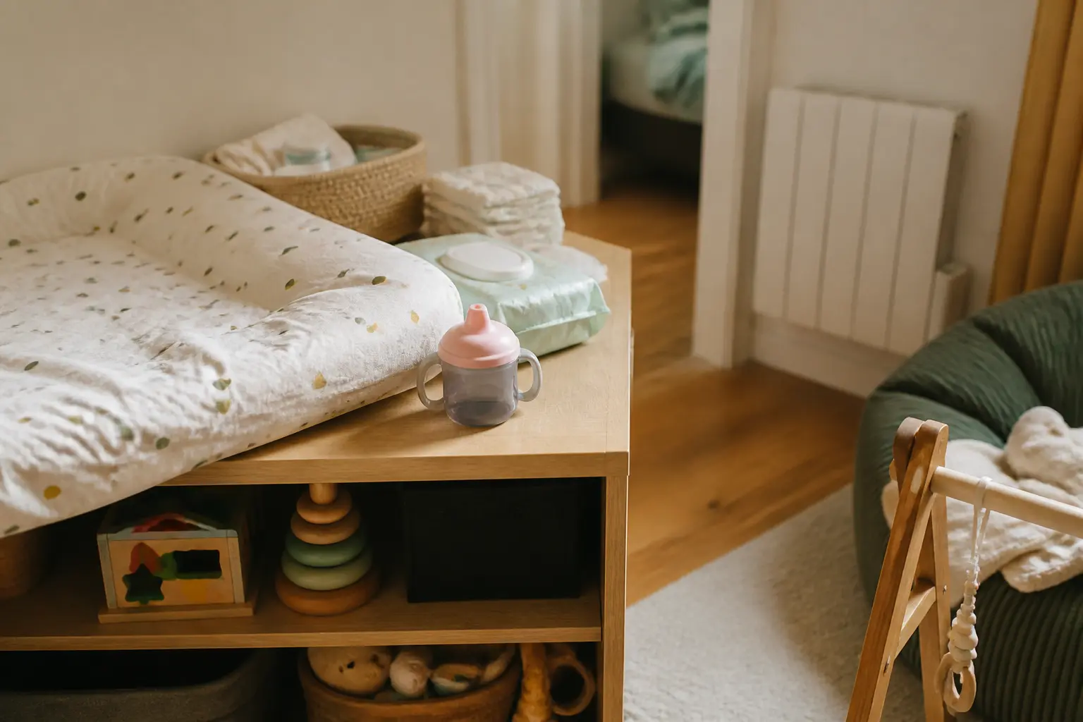 indemnités entretien assistante maternelle : coin de garde à domicile avec jouets, matelas à langer et accessoires bébé en appartement français