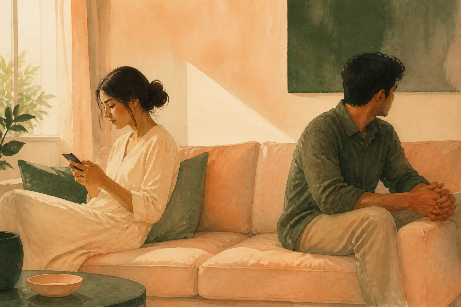 Je ne me sens pas désirée par mon homme : femme seule sur un canapé, partenaire tourné ailleurs, distance visible.