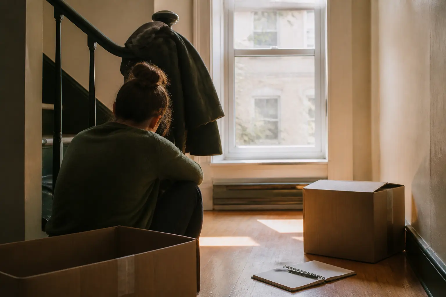 Je ne sais pas quoi faire de ma vie : une personne assise près de cartons et d’un carnet ouvert dans un couloir d’appartement