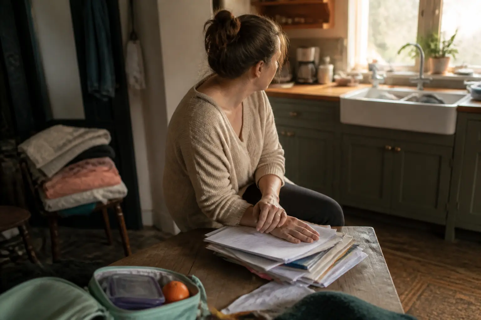 Mère épuisée dans une cuisine en désordre, illustrant « je ne supporte plus ma vie de maman »
