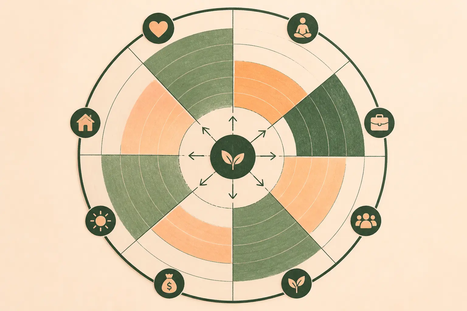 La roue de la vie en cercle, segments inégaux et scores visuels pour autoévaluation rapide
