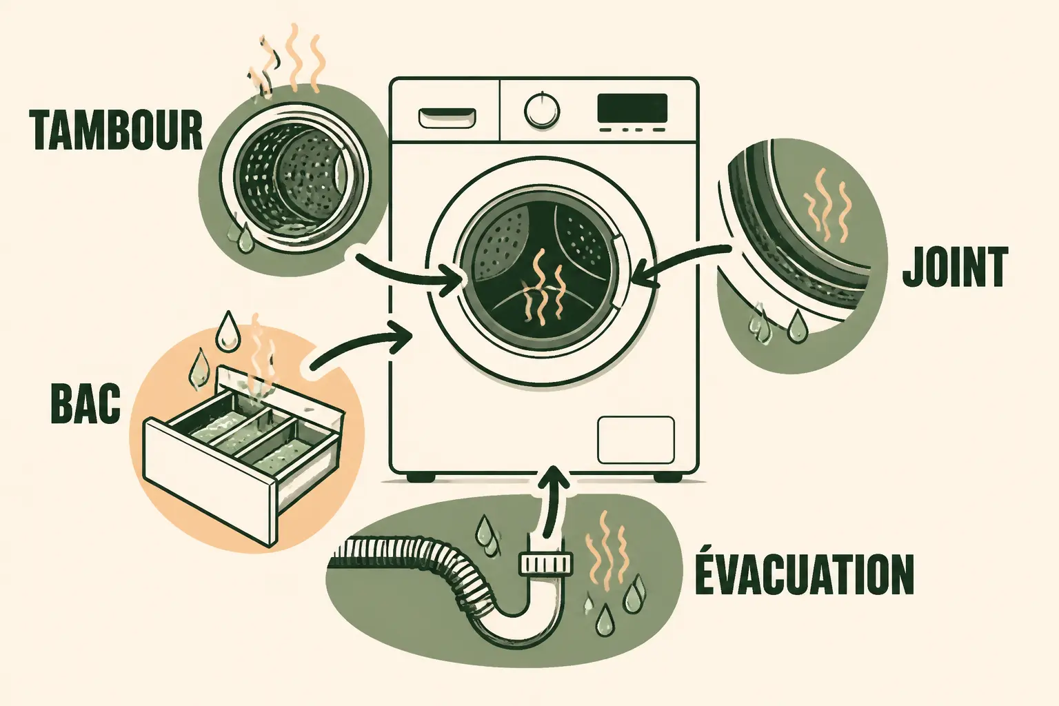 Schéma lave linge mauvaise odeur : zones à vérifier, tambour, joint, évacuation et bac à lessive.