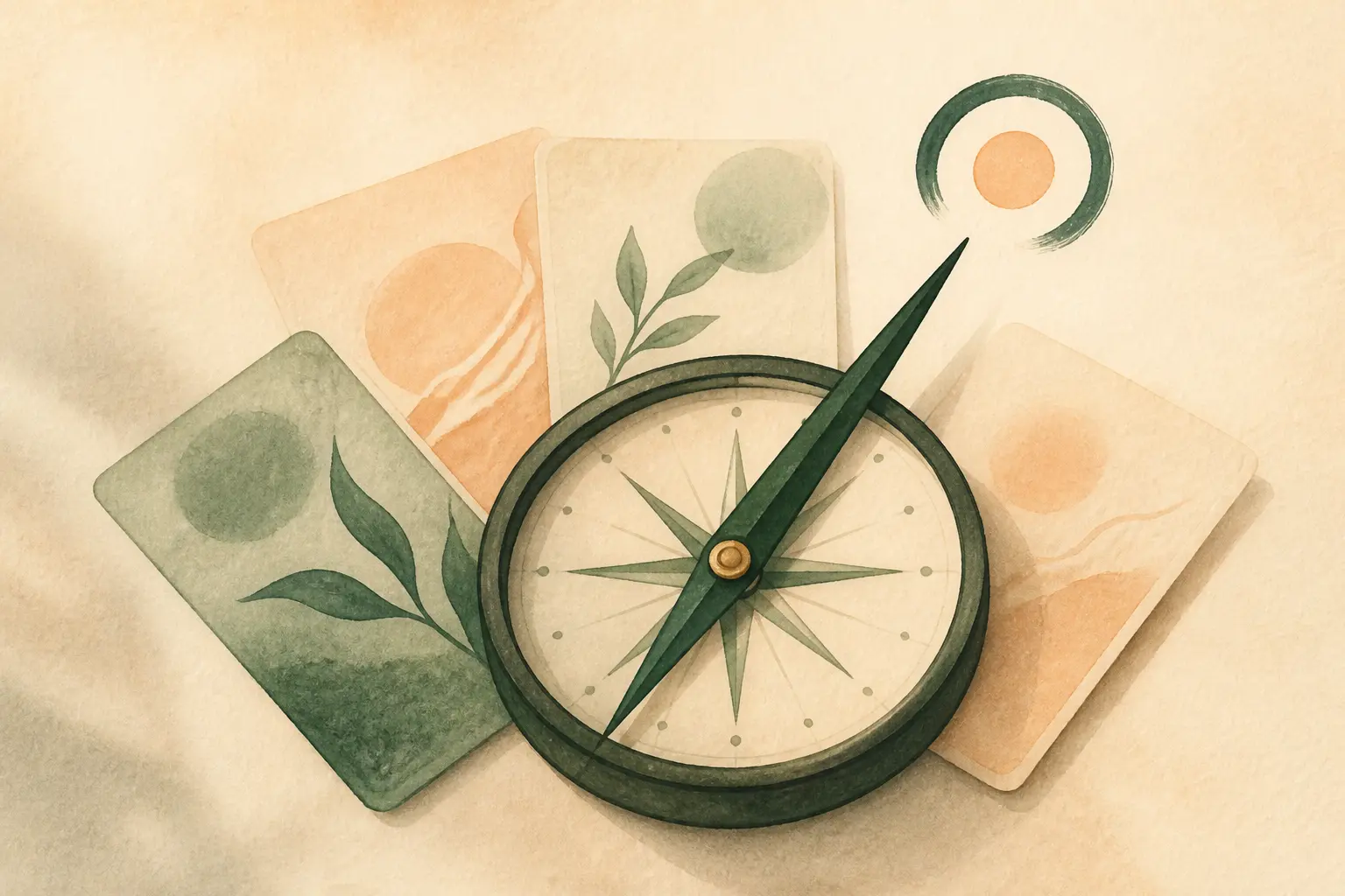 Boussole éditoriale avec cartes superposées illustrant les valeurs personnelles, en aquarelle et encre.
