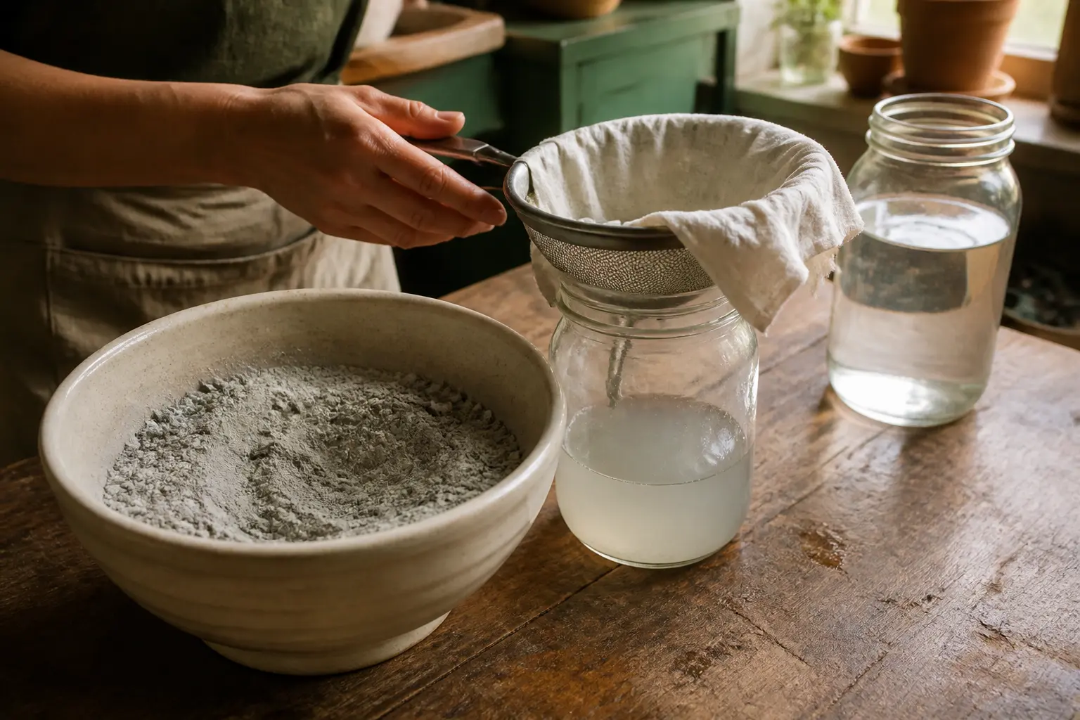 Préparation d’une lessive à la cendre dans une cuisine rustique, avec bol de cendre, eau, tamis et bocal filtré.