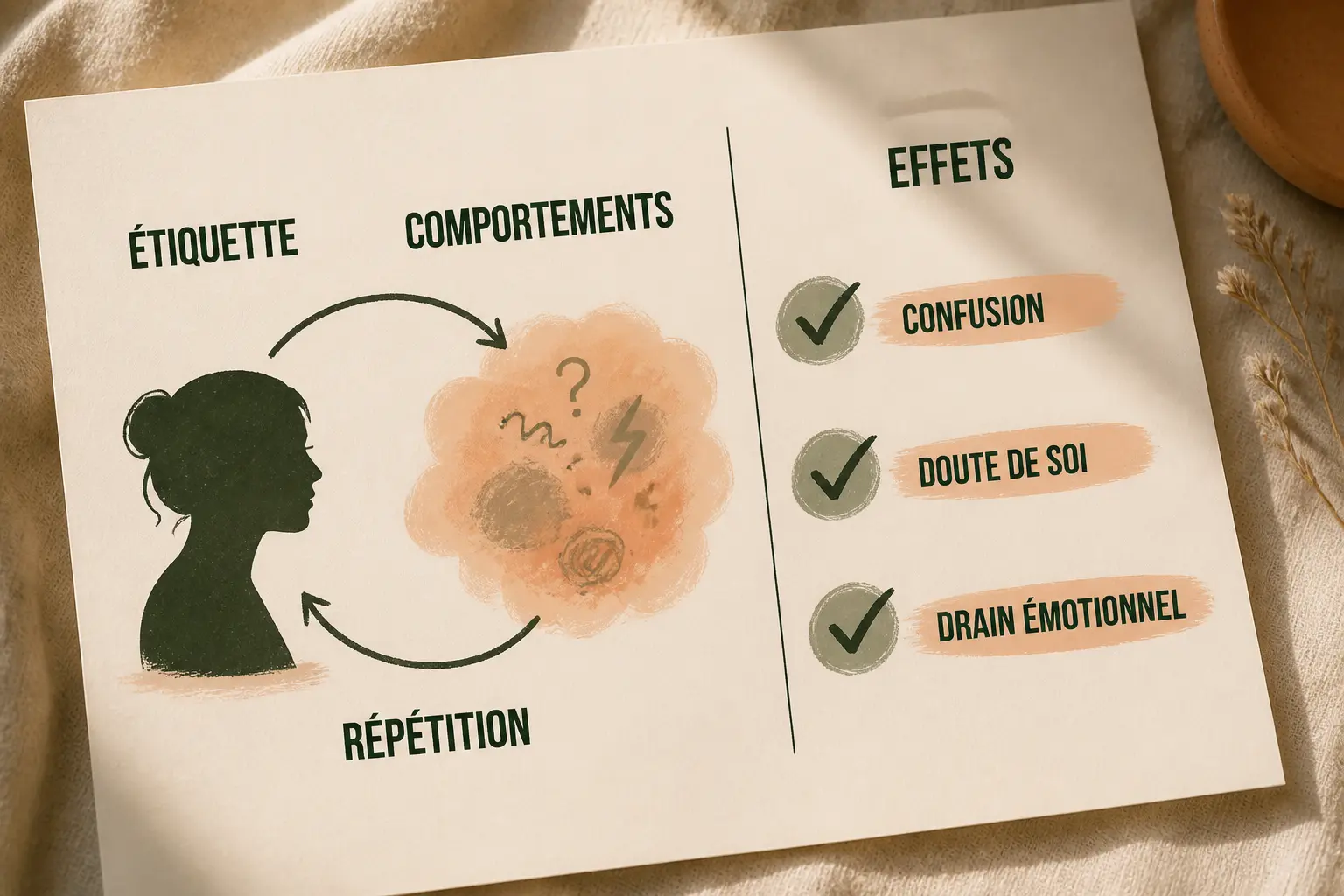 Infographie sur la pervers narcissique femme : boucle de comportements répétés, confusion, doute de soi et épuisement émotionnel.