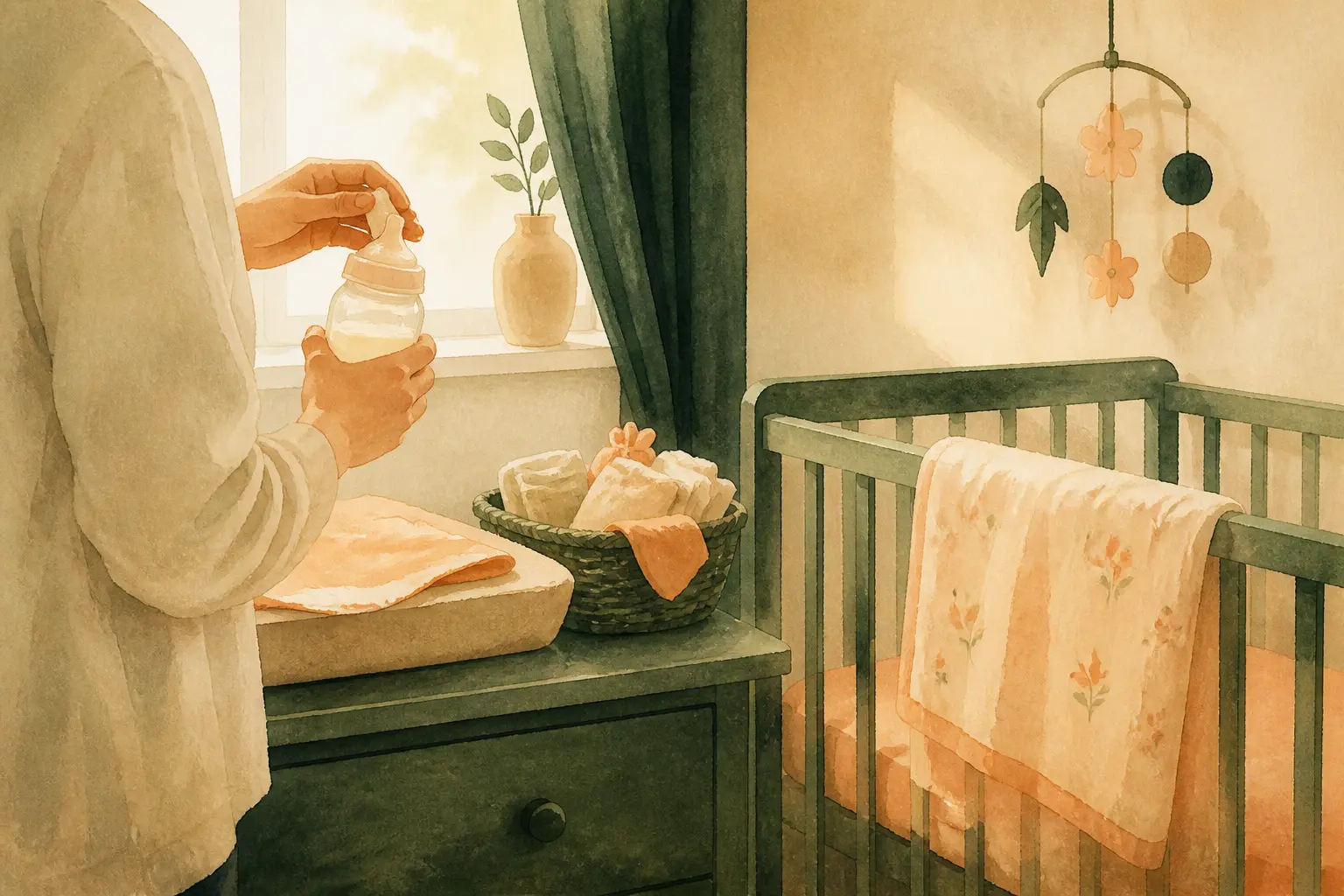 Pic de croissance nourrisson : parent préparant un biberon dans une chambre bébé, avec couverture et accessoires de repas.