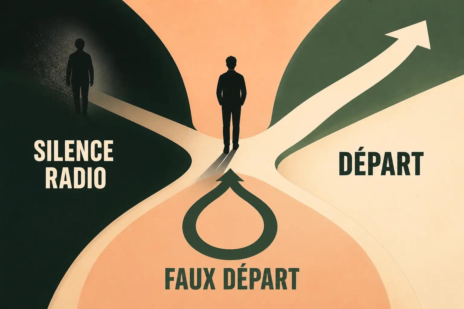 Infographie minimaliste sur quand le pn vous dit adieu, avec trois issues : départ, silence radio, faux départ.