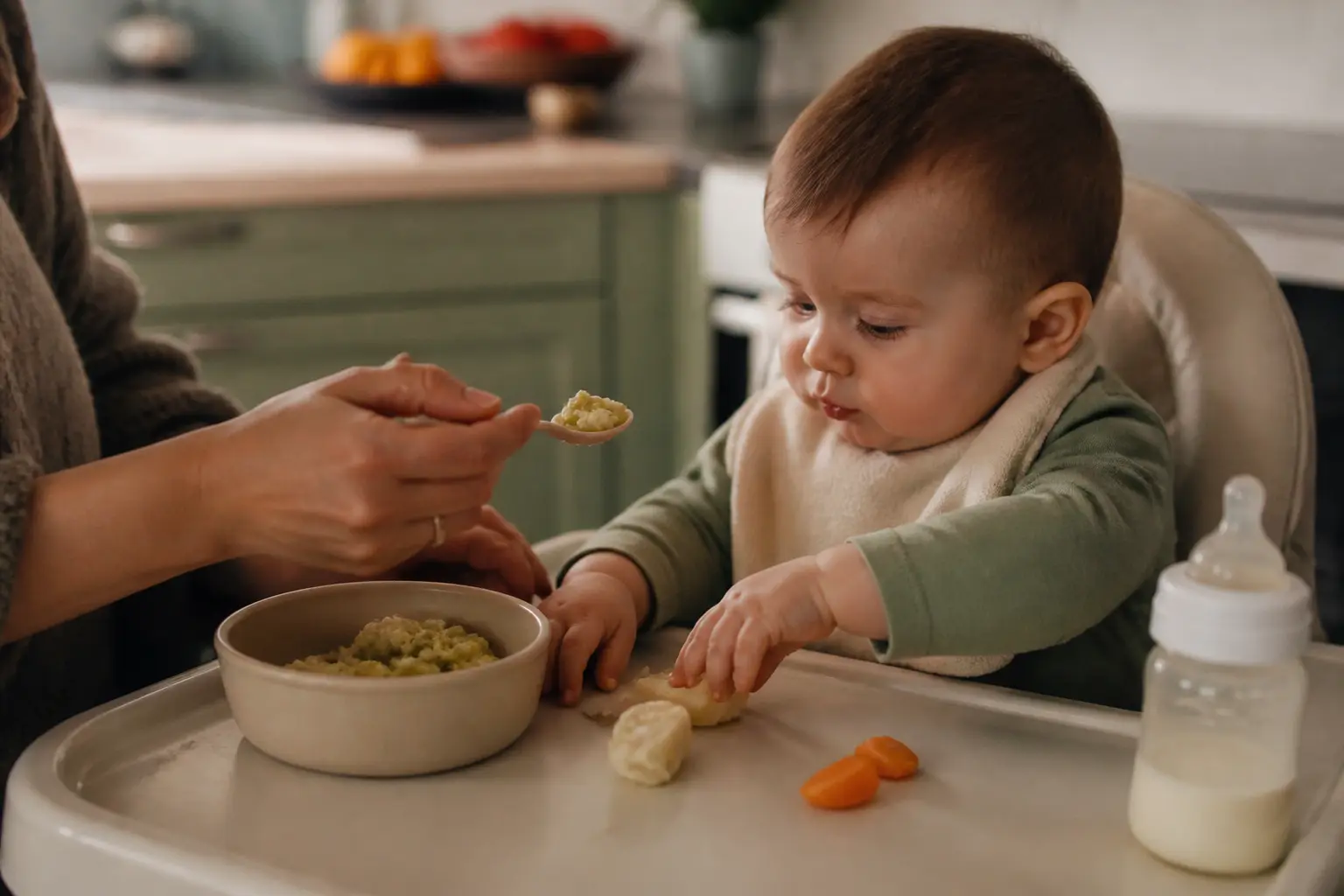 repas bebe 9 mois : bébé de 9 mois en chaise haute, cuillère, purée de légumes et petits aliments, mains du parent en cuisine lumineuse