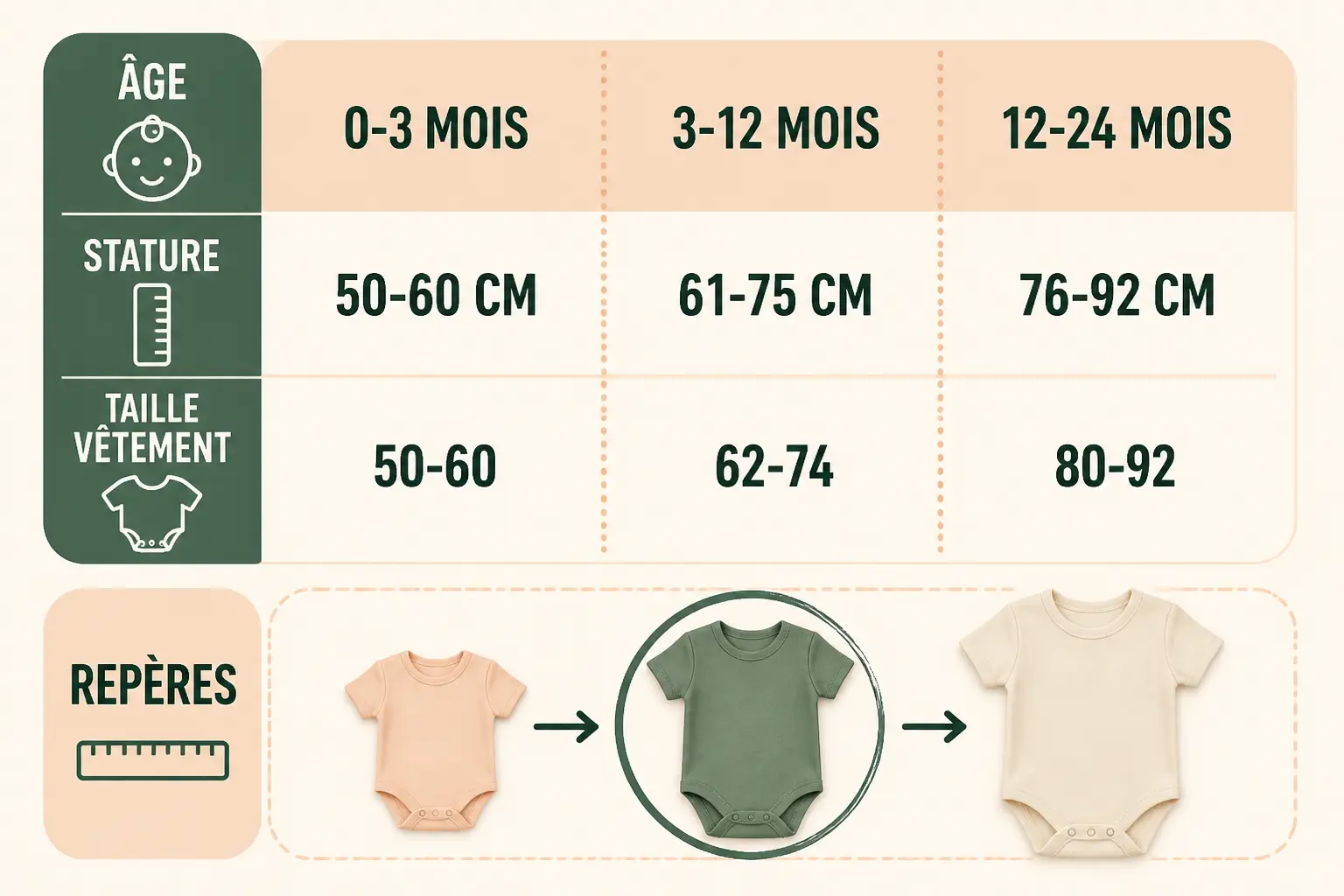 Infographie taille bébé vêtement cm : tableau de naissance à 24 mois avec âge, stature et repères de taille, bodysuits comparés.