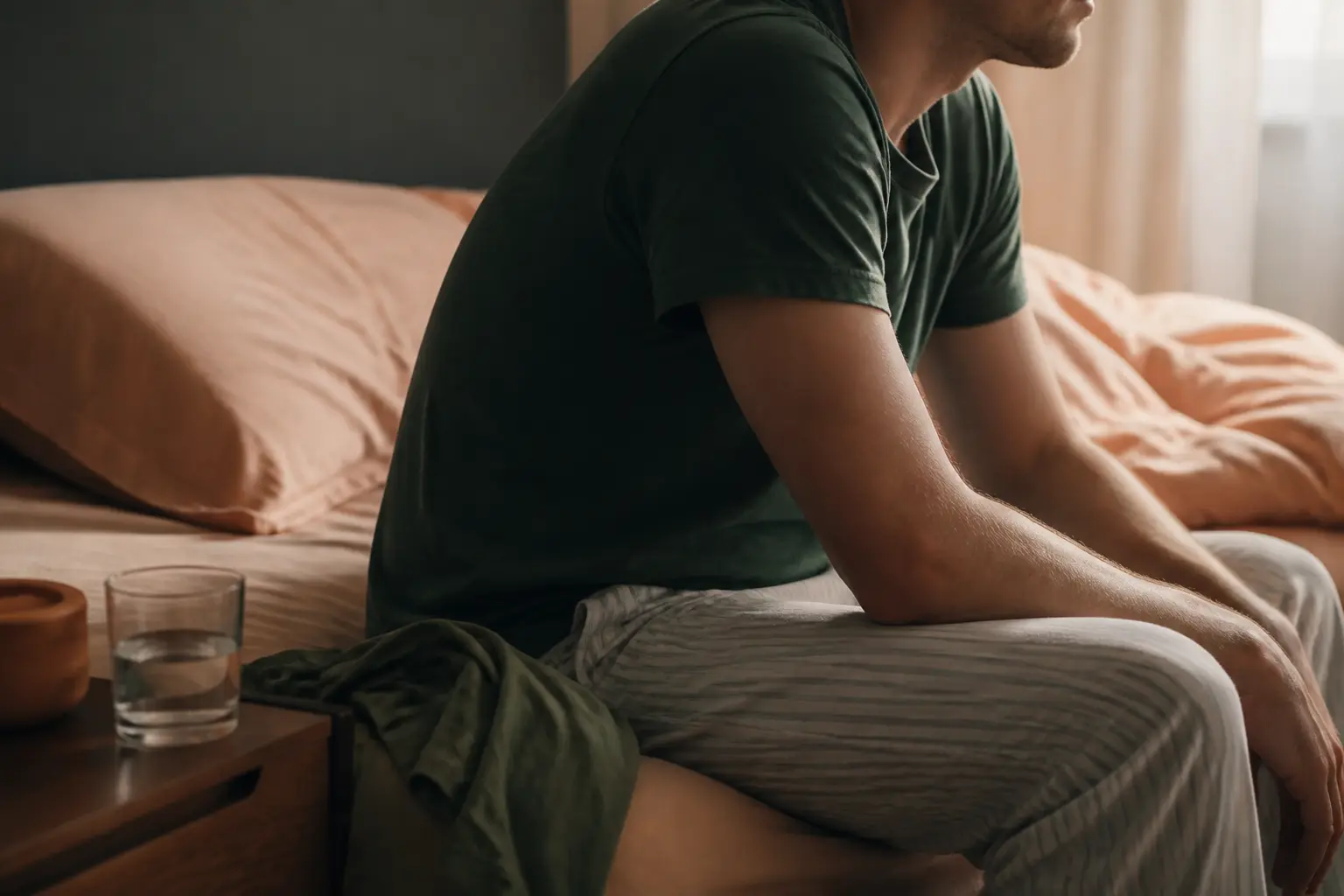 Témoignage manque de magnésium : personne fatiguée assise au bord du lit, chambre au matin.