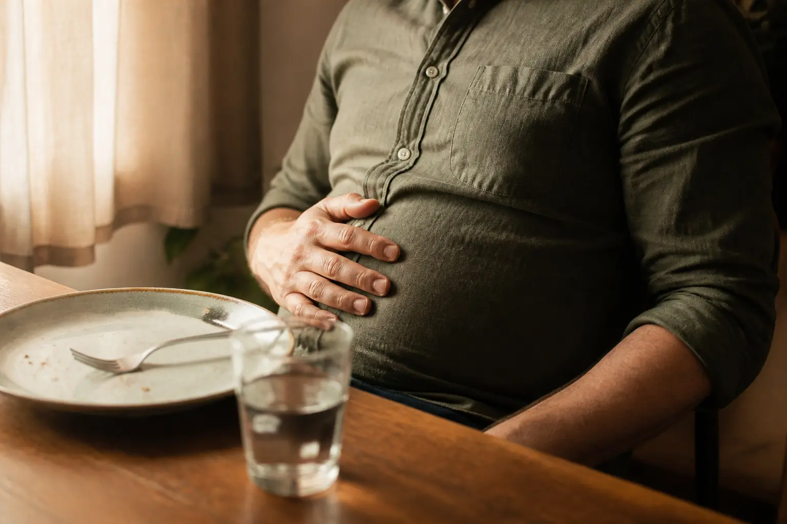 Tisane anti ballonnement : ventre légèrement gonflé après le repas, main sur l’abdomen, table et verre d’eau.
