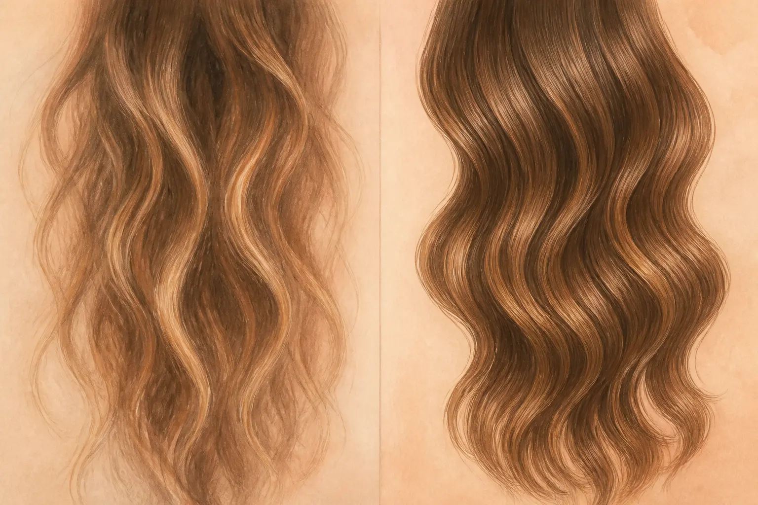 Comparaison de wavy cheveux : deux mèches, l’une beachy floue, l’autre en S plus définie, fond neutre doux