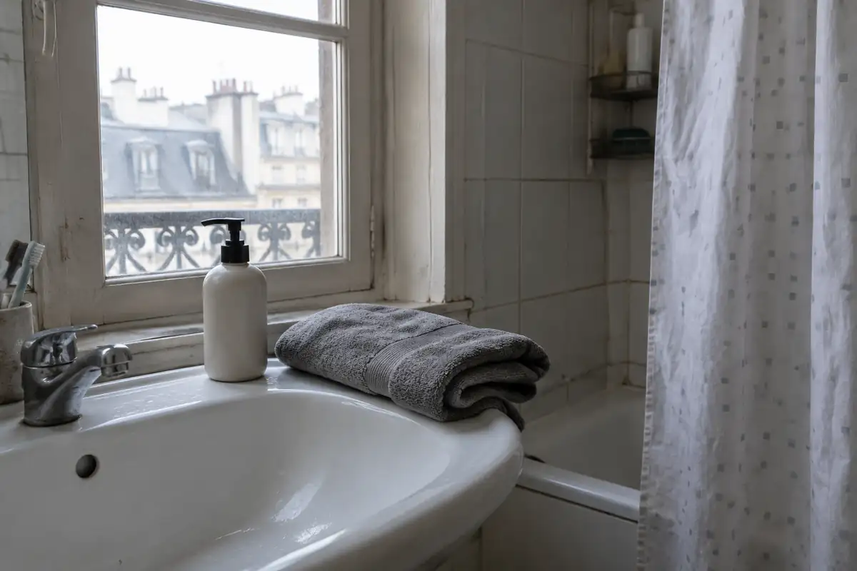 Flacon pompe sans marque et serviette pliée au bord d'un lavabo blanc