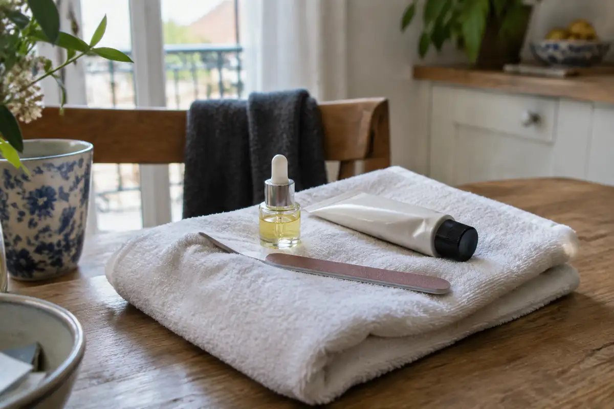 Flacon d'huile à cuticules, tube de crème et lime douce posés sur une serviette blanche pliée