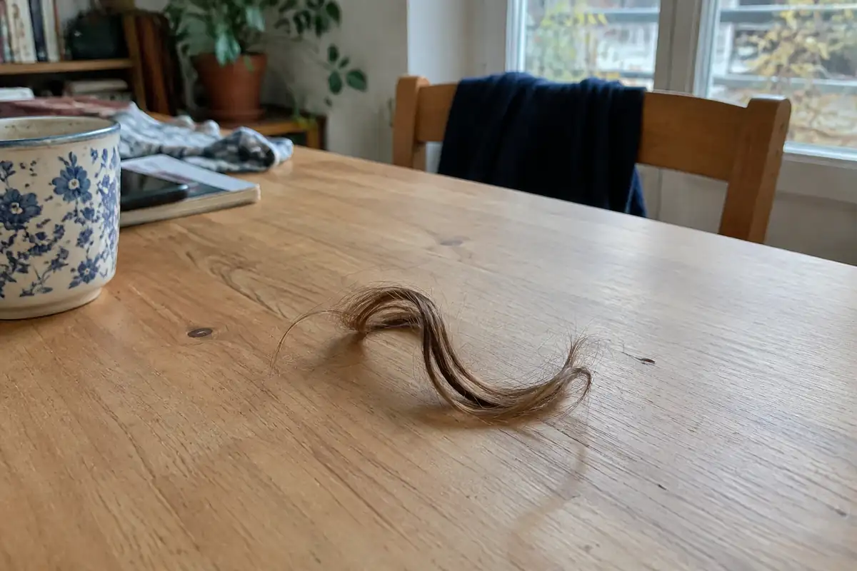 Mèche de cheveux ondulés posée sur une table en bois clair
