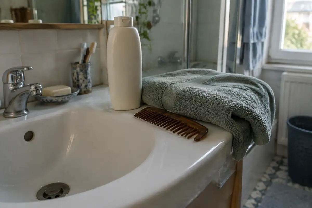 Flacon de shampooing, peigne à larges dents et serviette sur un lavabo