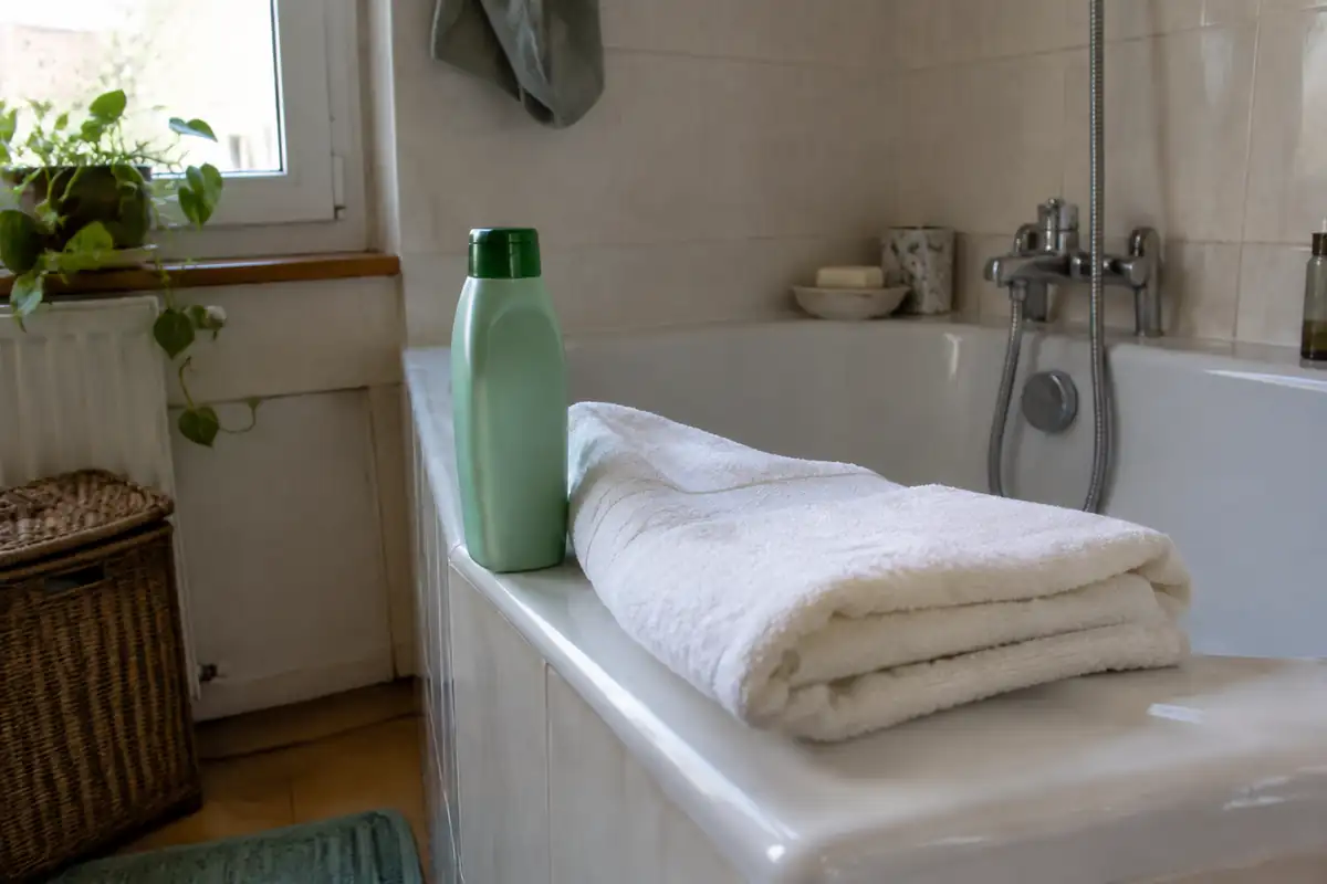 Flacon de shampooing et serviette blanche pliée au bord d'une baignoire