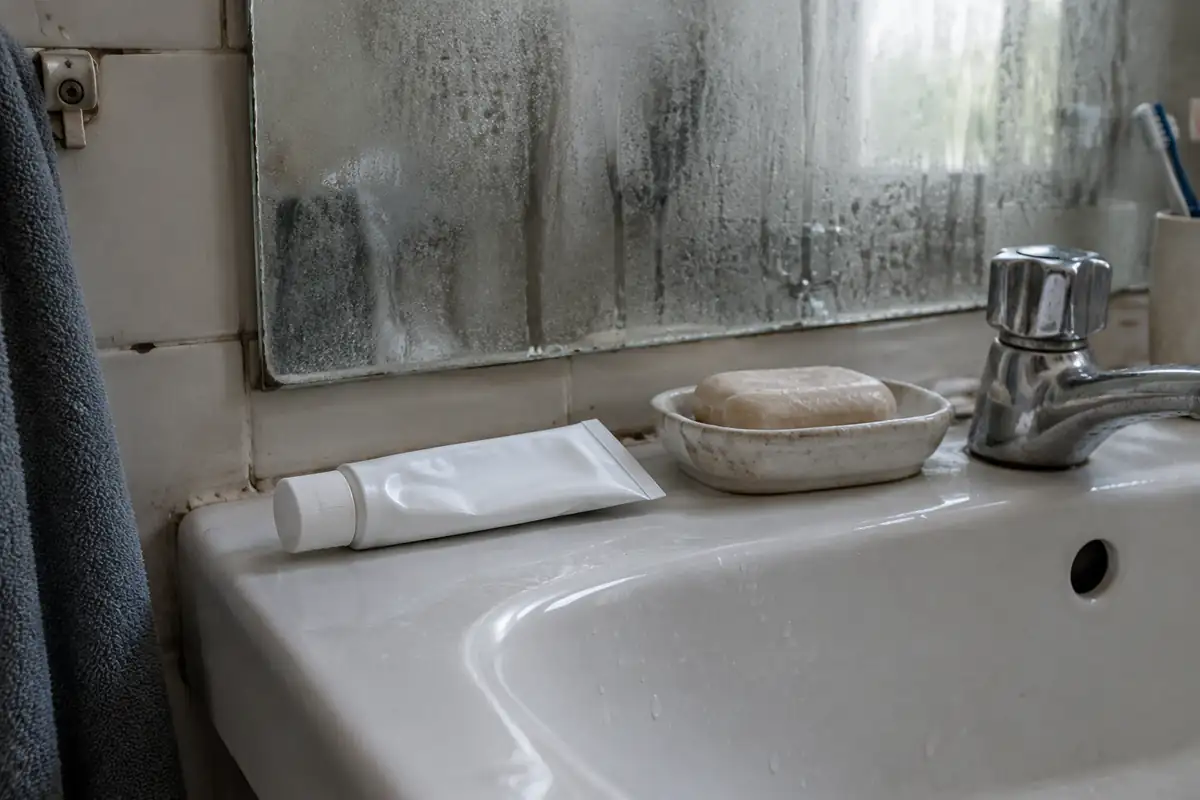 Tube de crème blanc et savon dans un porte-savon au bord d'un lavabo